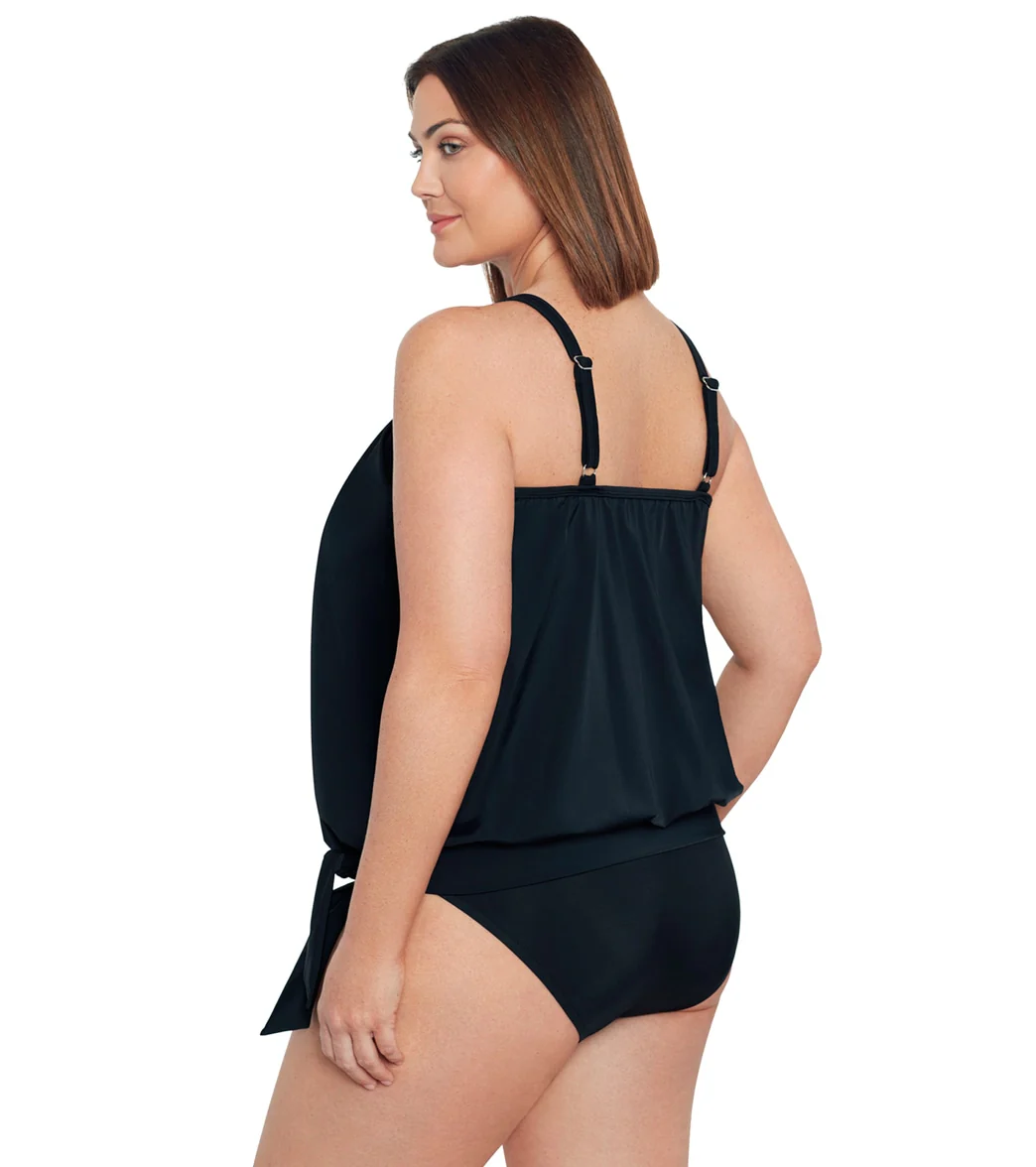 Shape Solver By Penbrooke Women's Plus Size Meshed Up High Neck Blouson Tankini Top - Image 2