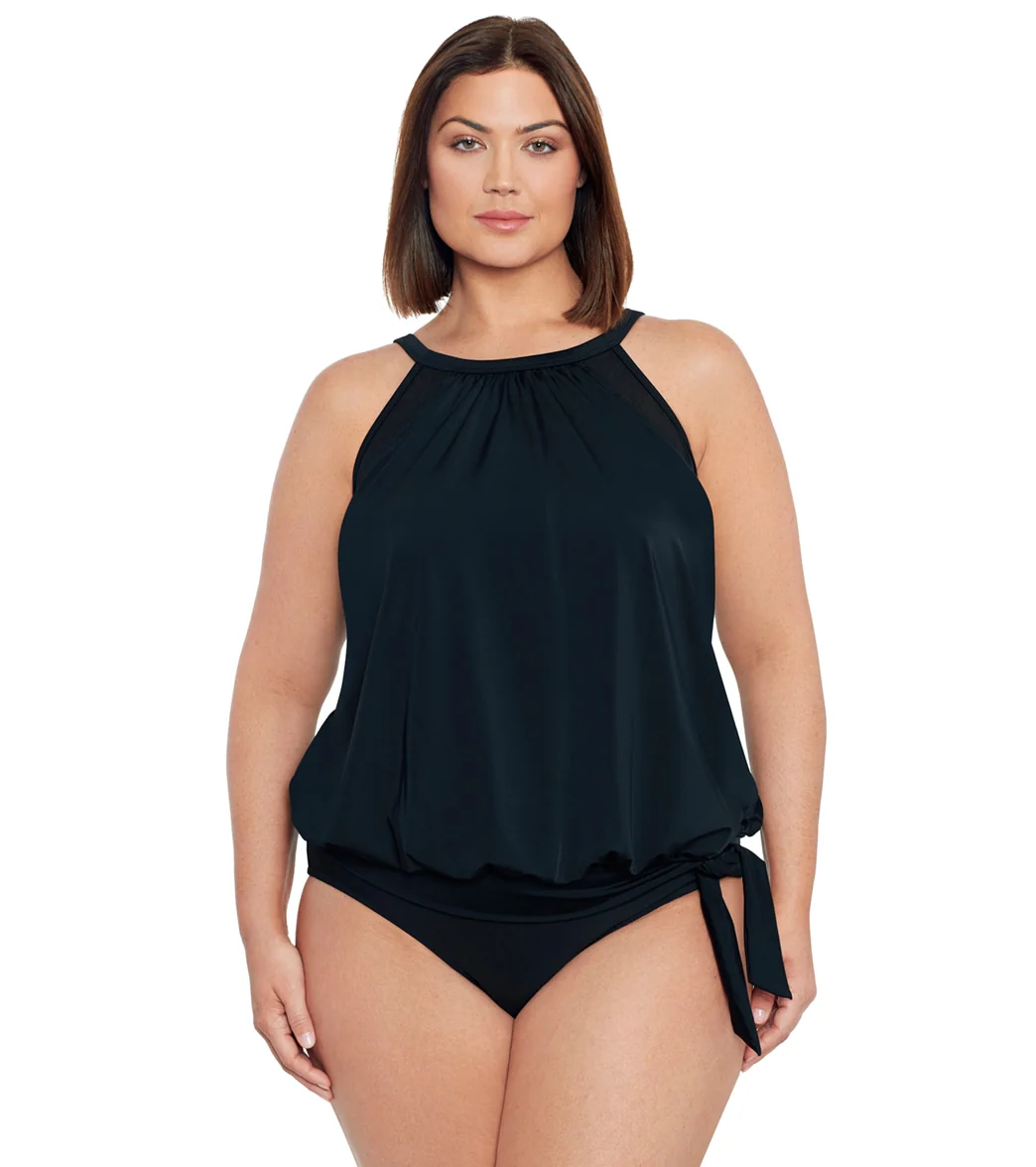 Shape Solver By Penbrooke Women's Plus Size Meshed Up High Neck Blouson Tankini Top - Image 5