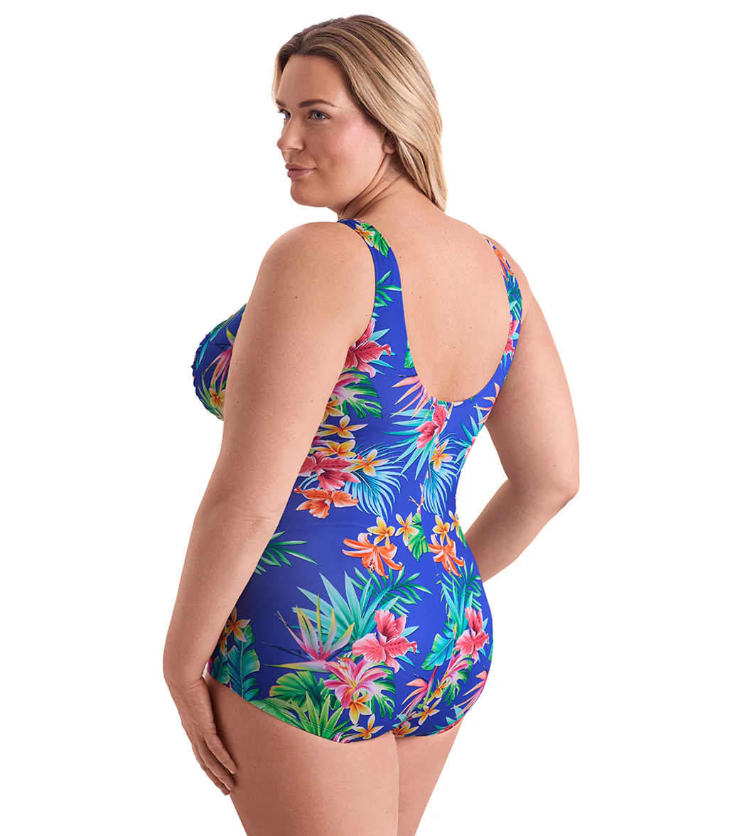 Shape Solver By Penbrooke Women's Plus Size Tropical Tendencies Shirred Front Princess Seam Girl Leg One Piece Swimsuit - Image 2