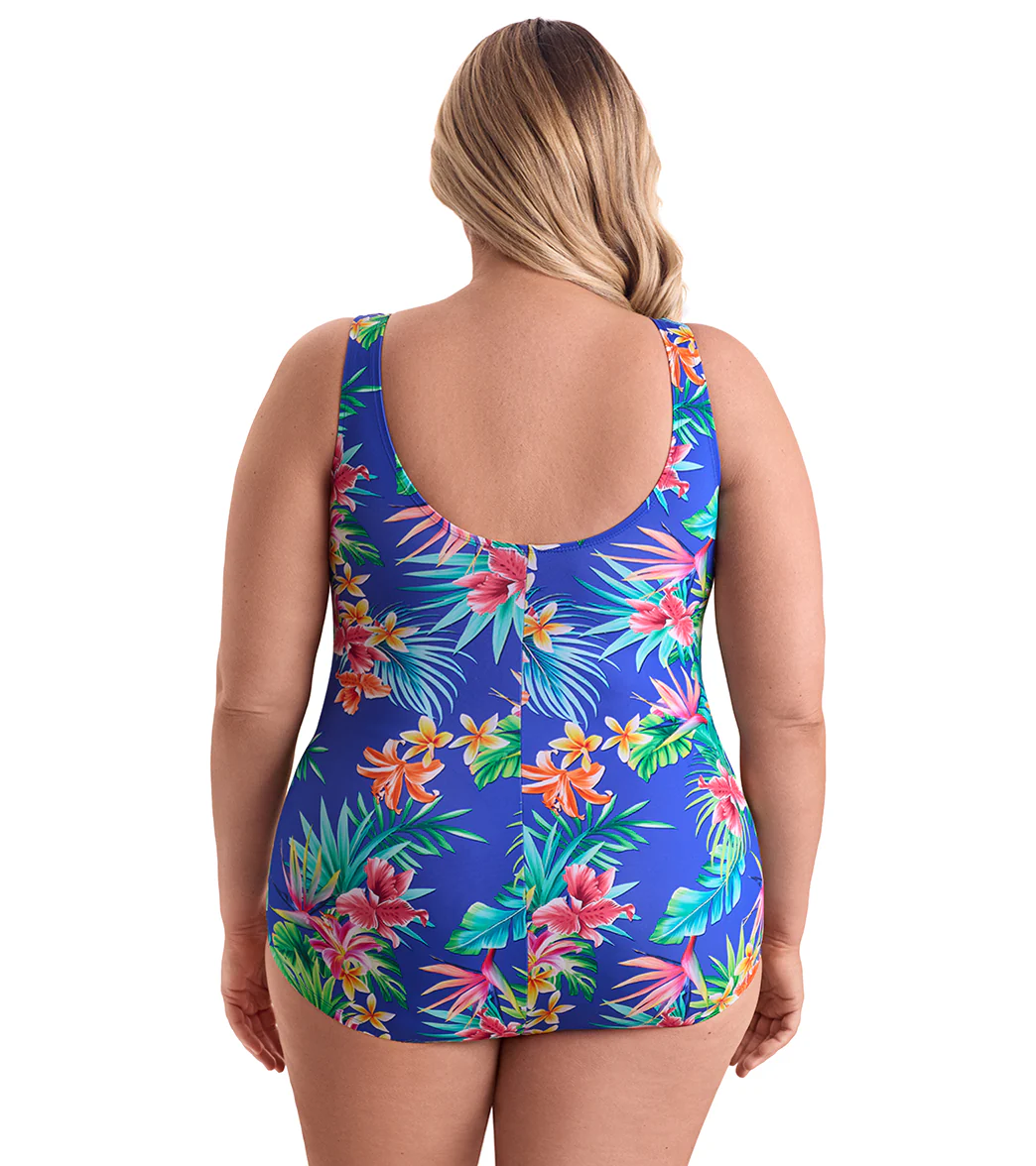 Shape Solver By Penbrooke Women's Plus Size Tropical Tendencies Shirred Front Princess Seam Girl Leg One Piece Swimsuit - Image 3