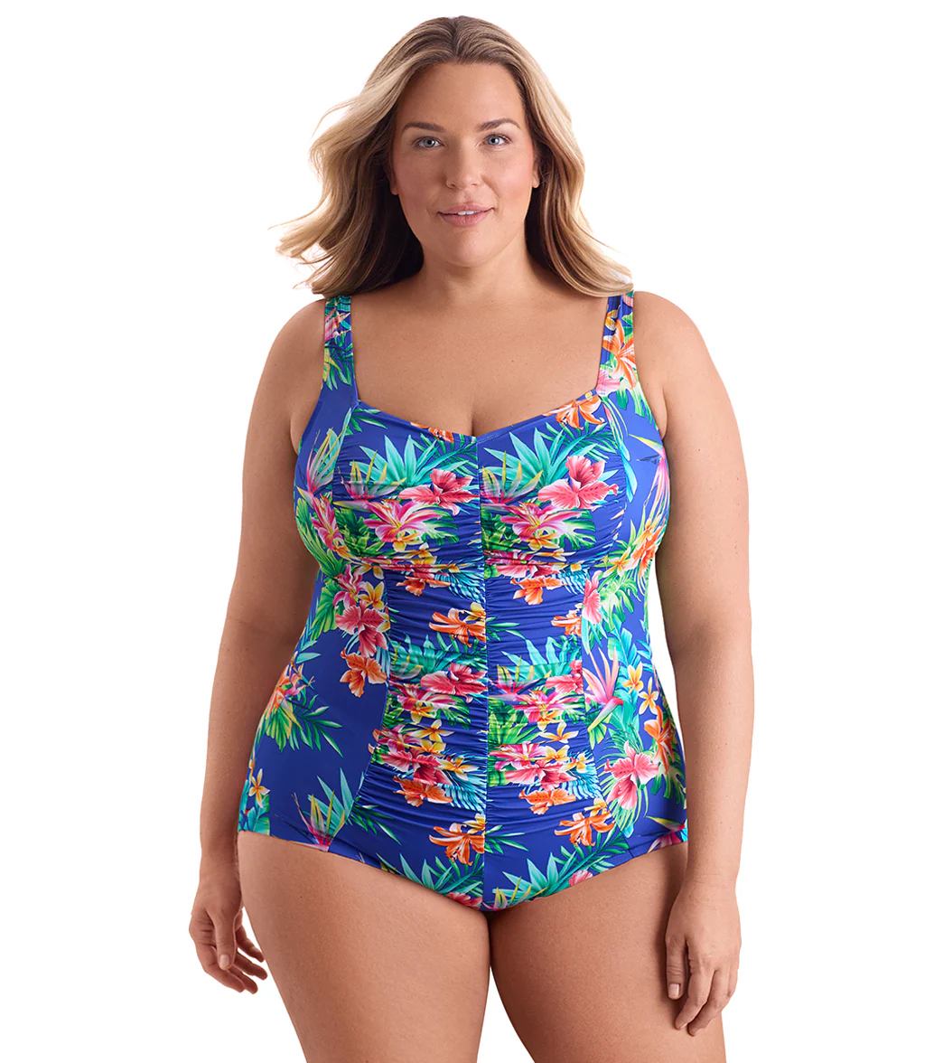 Shape Solver By Penbrooke Women's Plus Size Tropical Tendencies Shirred Front Princess Seam Girl Leg One Piece Swimsuit - Image 6