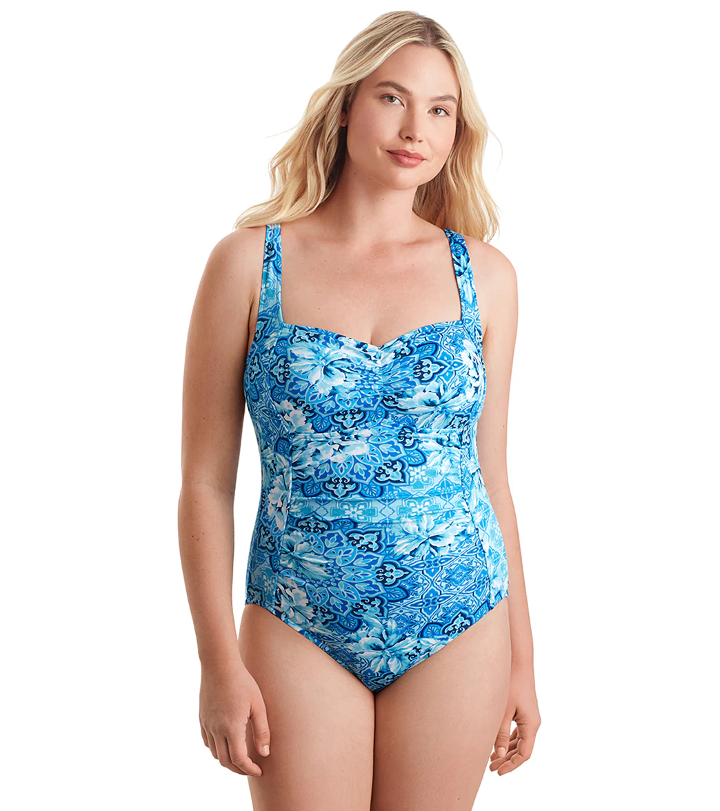 Shape Solver SPORT Women's Chlorine Resistant Spa  Barcelona Blues Shirred Bodice Tank One Piece Swimsuit - Image 6