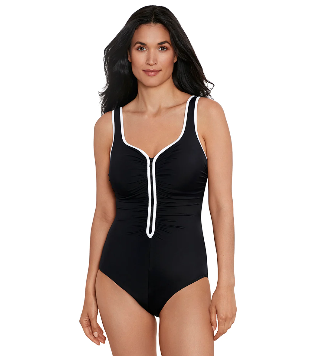 Shape Solver SPORT Women's Color Coated Shirred Zipper Tank One Piece Swimsuit - Image 12