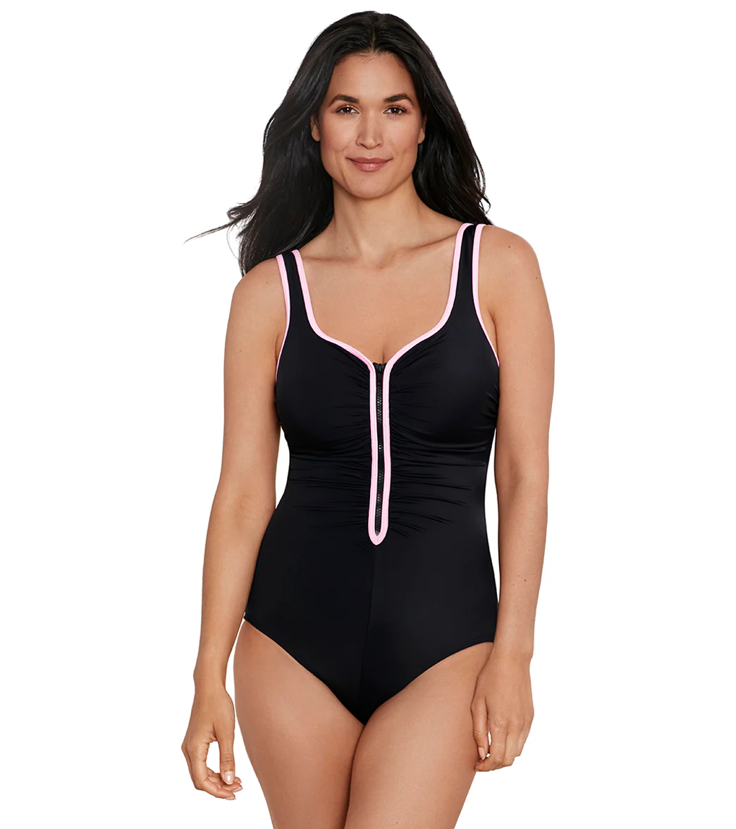 Shape Solver SPORT Women's Color Coated Shirred Zipper Tank One Piece Swimsuit - Image 5