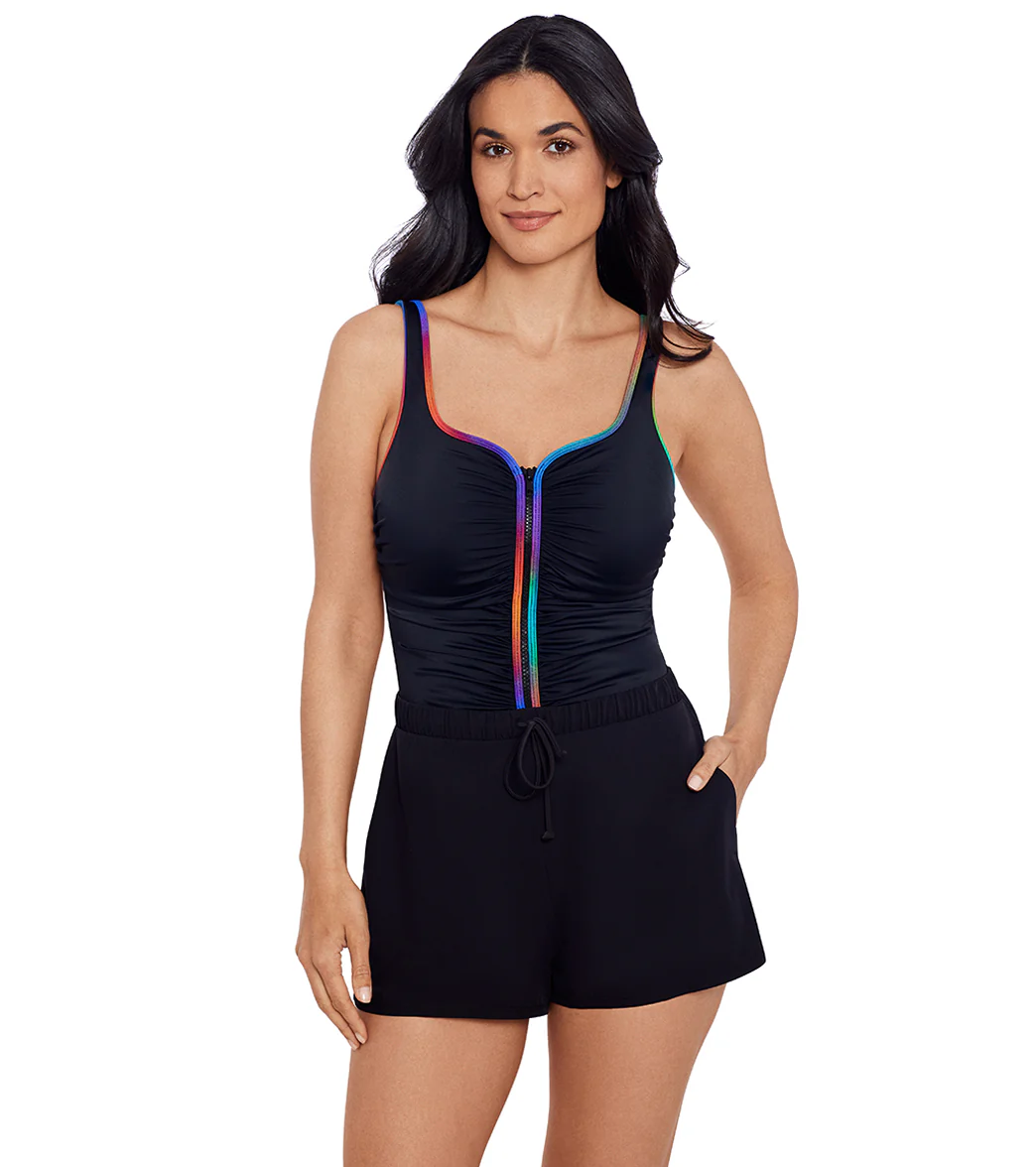 Shape Solver SPORT Women's Colorful Behavior Shirred Zipper Swim Romper - Image 4