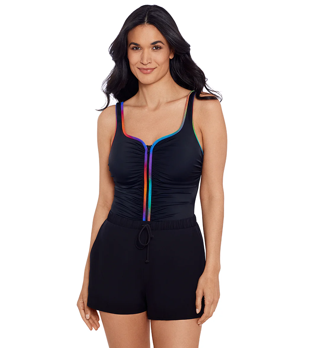 Shape Solver SPORT Women's Colorful Behavior Shirred Zipper Swim Romper - Image 9