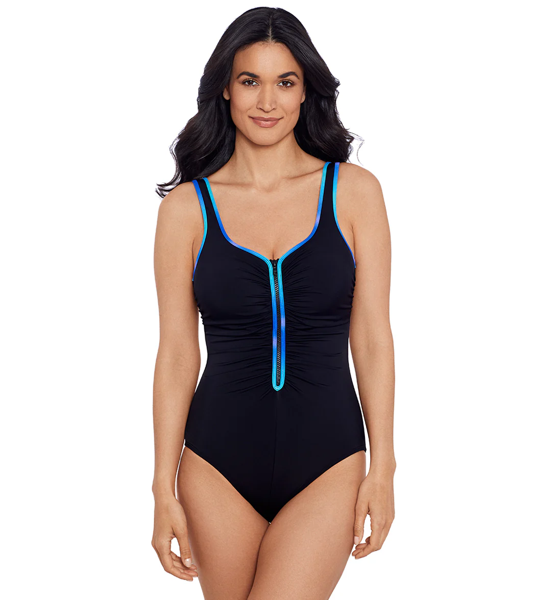 Shape Solver SPORT Women's Colorful Behavior Shirred Zipper Tank One Piece Swimsuit - Image 6
