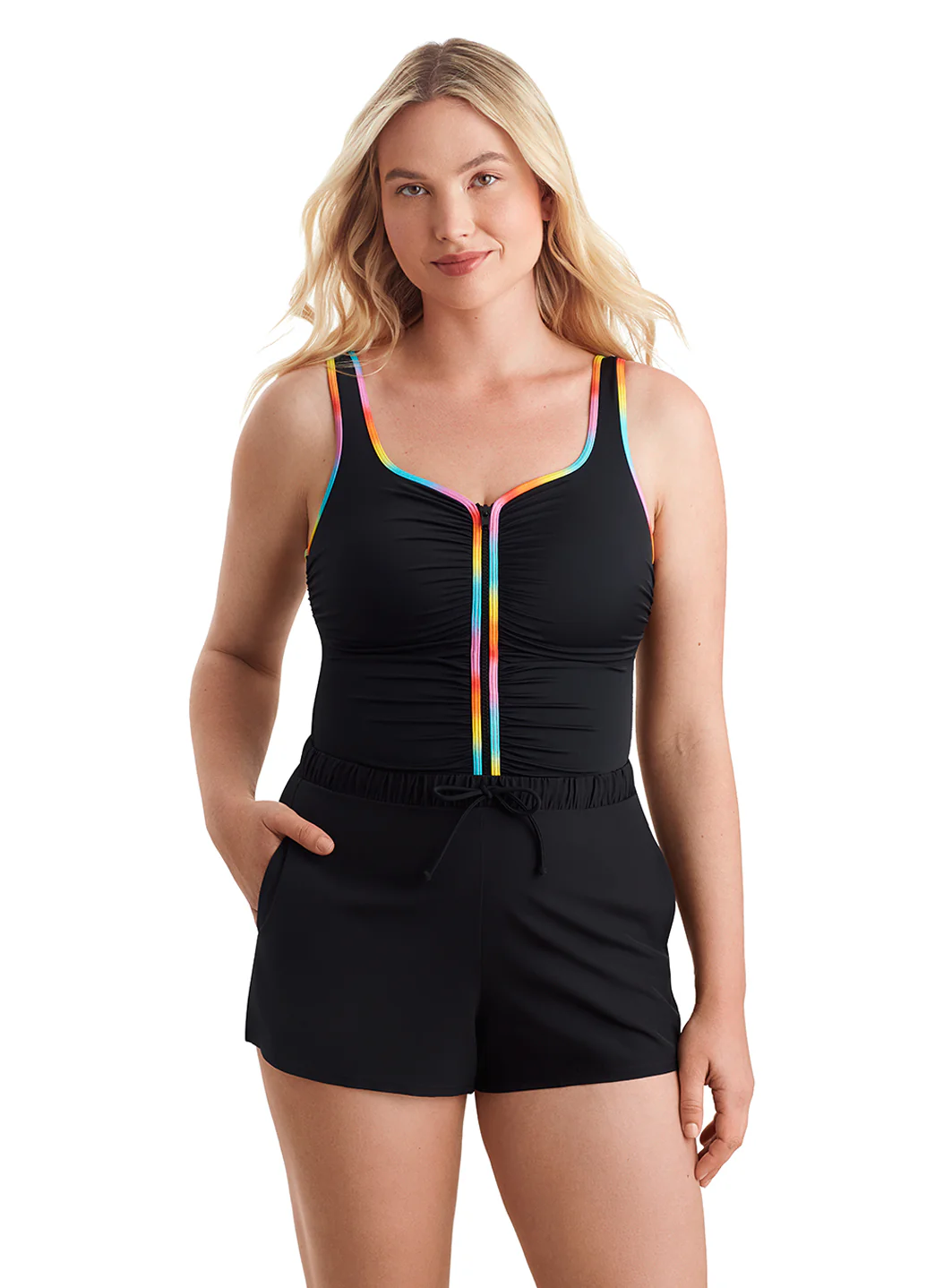 Shape Solver SPORT Women's Ombre Sorbet Shirred Zipper Runaround One Piece Swimsuit - Image 7