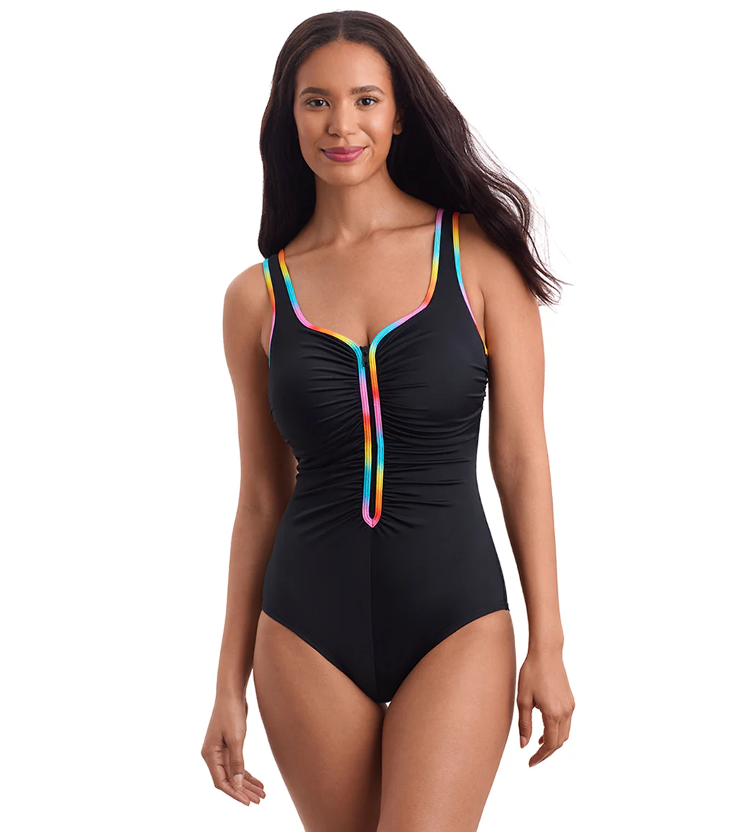 Shape Solver SPORT Women's Shirred Zipper Tank One Piece Swimsuit - Image 12