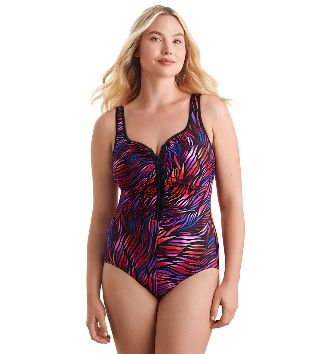 Shape Solver SPORT Women's Shirred Zipper Tank One Piece Swimsuit - Image 13