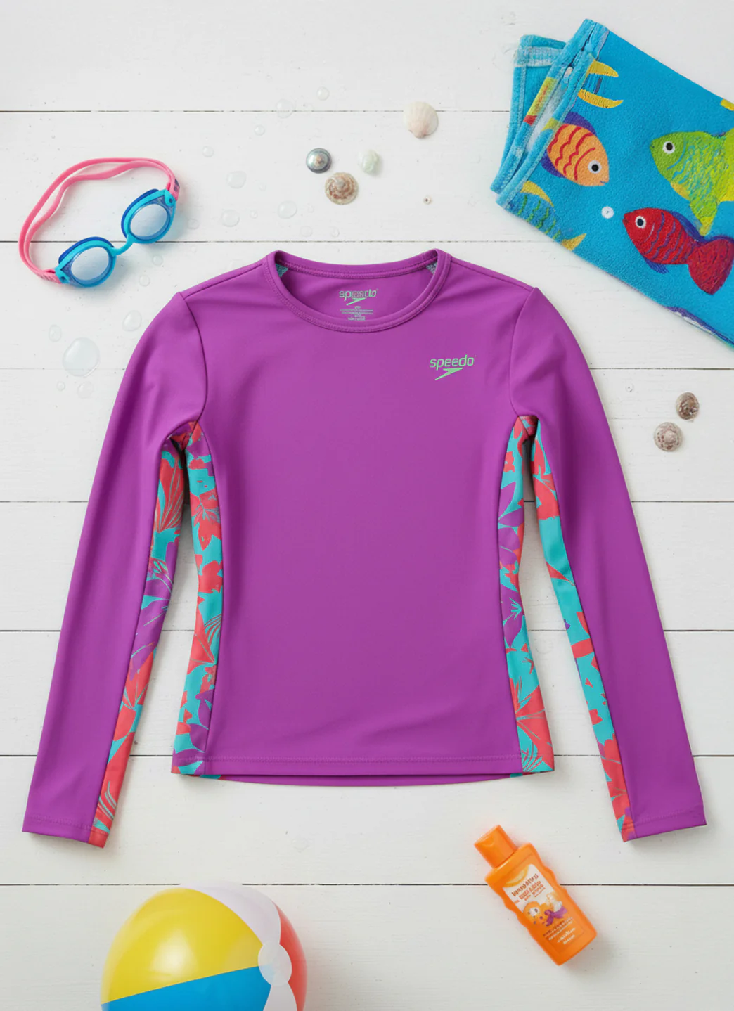 Speedo Girls' Long Sleeve Printed Splice Rash Guard (Little Kid, Big Kid) - Image 4
