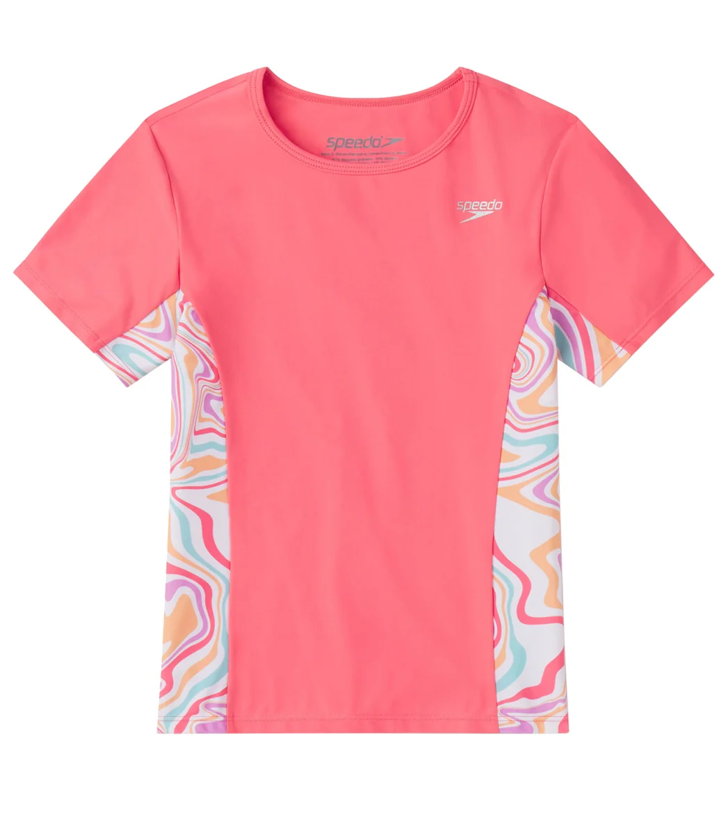 Speedo Girls' Short Sleeve Printed Splice Rashguard (Little Kid, Big Kid) - Image 9