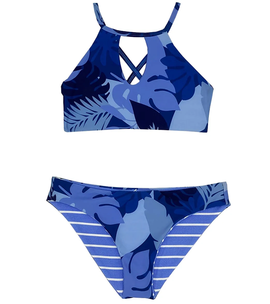 Splendid Girls' Reversible Party Palm High Neck Two Piece Bikini Set (Big Kid)
