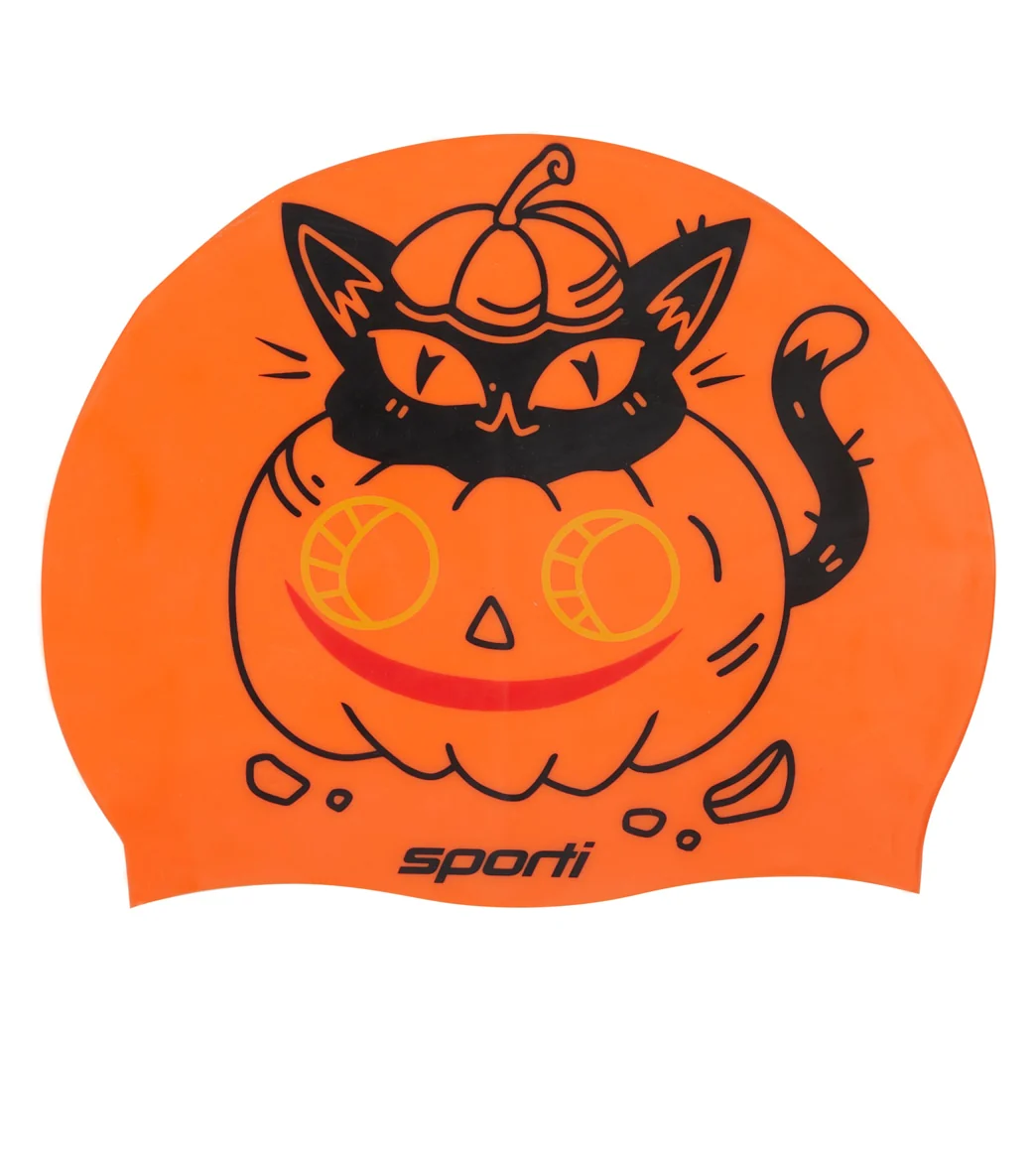 Sporti Limited Edition Pumpkin Cat Silicone Swim Cap Jr.