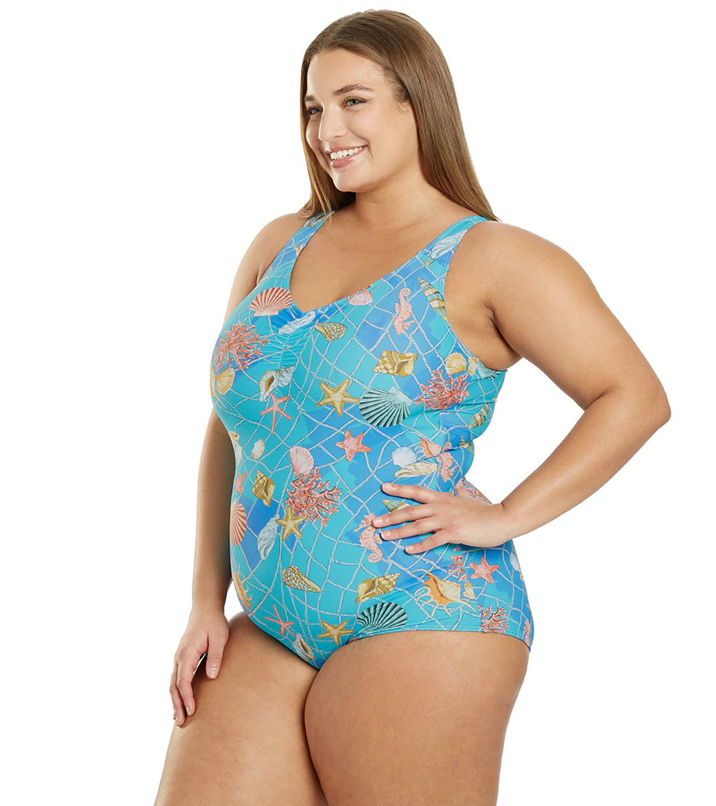 Sporti Plus Size Caribbean Sea Conservative Printed Girl Leg One Piece Swimsuit - Image 4