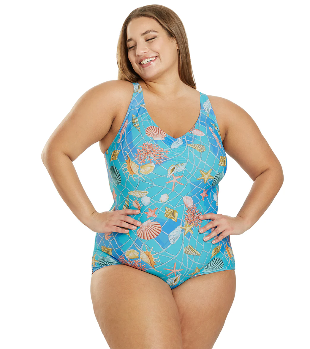 Sporti Plus Size Caribbean Sea Conservative Printed Girl Leg One Piece Swimsuit - Image 7