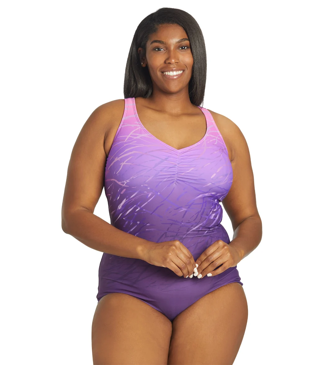 Sporti Plus Size Conservative Printed Ombre Girl Leg One Piece Swimsuit