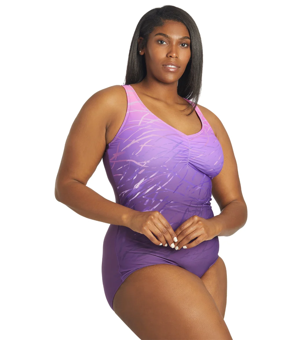 Sporti Plus Size Conservative Printed Ombre Girl Leg One Piece Swimsuit - Image 2