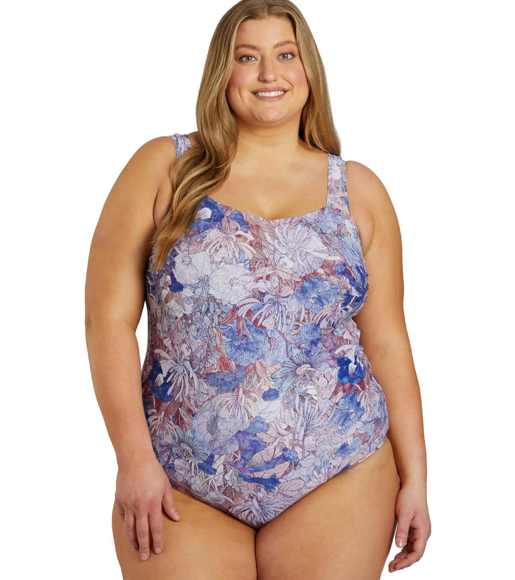 Sporti Plus Size Jungle Floral Moderate Printed Sweetheart One Piece Swimsuit