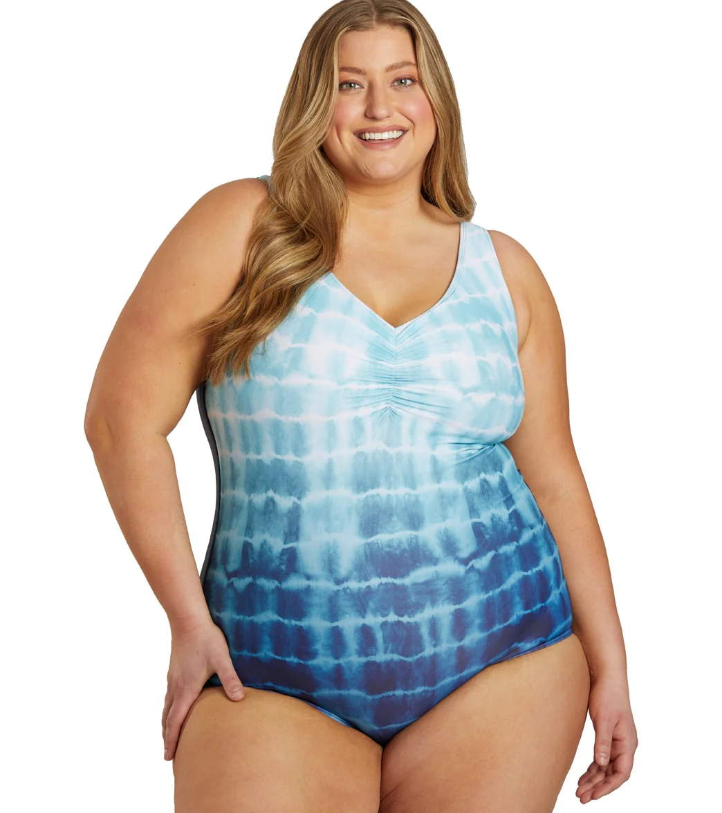 Sporti Plus Size Shibori Conservative Printed Ombre Girl Leg One Piece Swimsuit - Image 16
