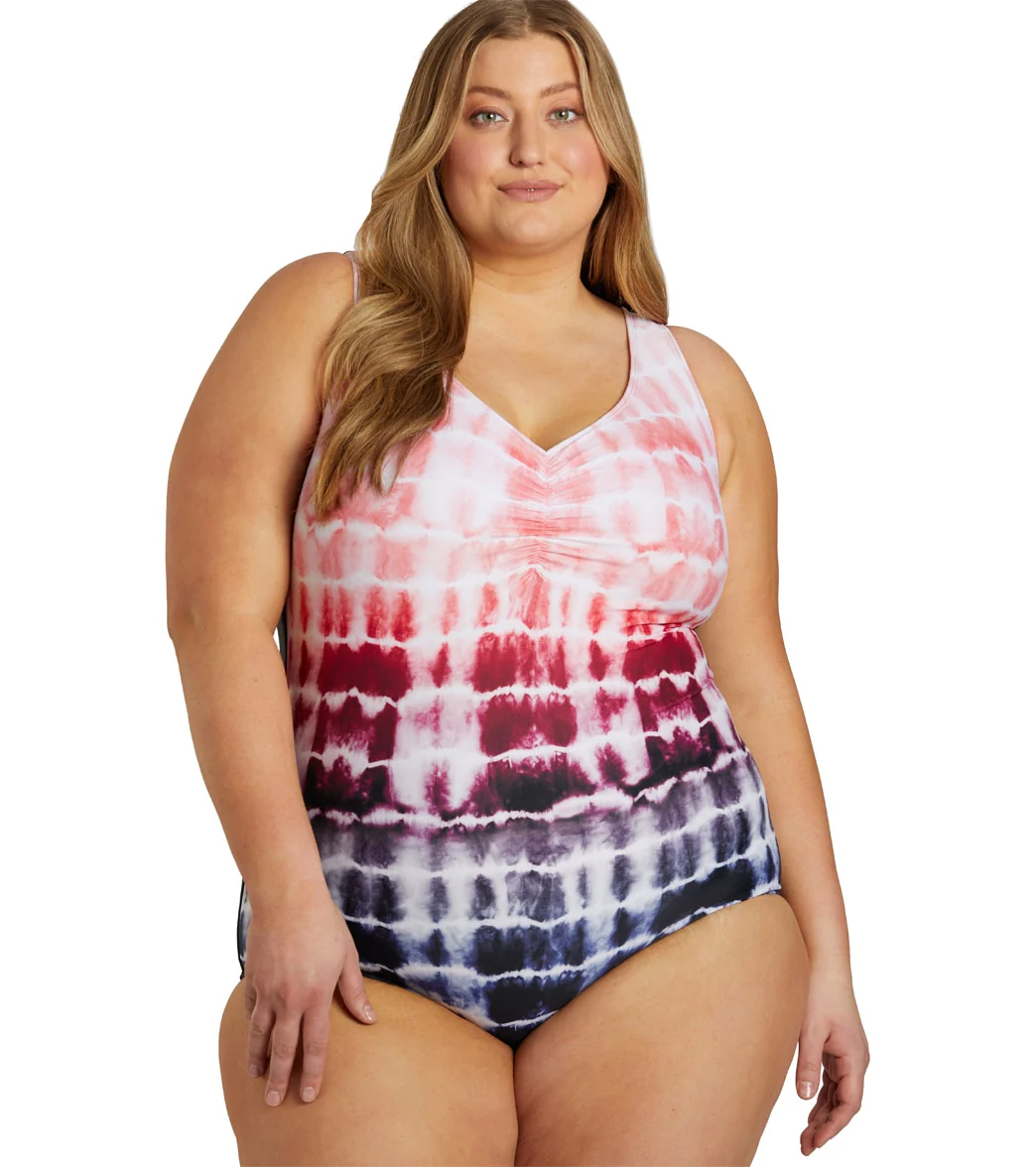 Sporti Plus Size Shibori Conservative Printed Ombre Girl Leg One Piece Swimsuit - Image 2