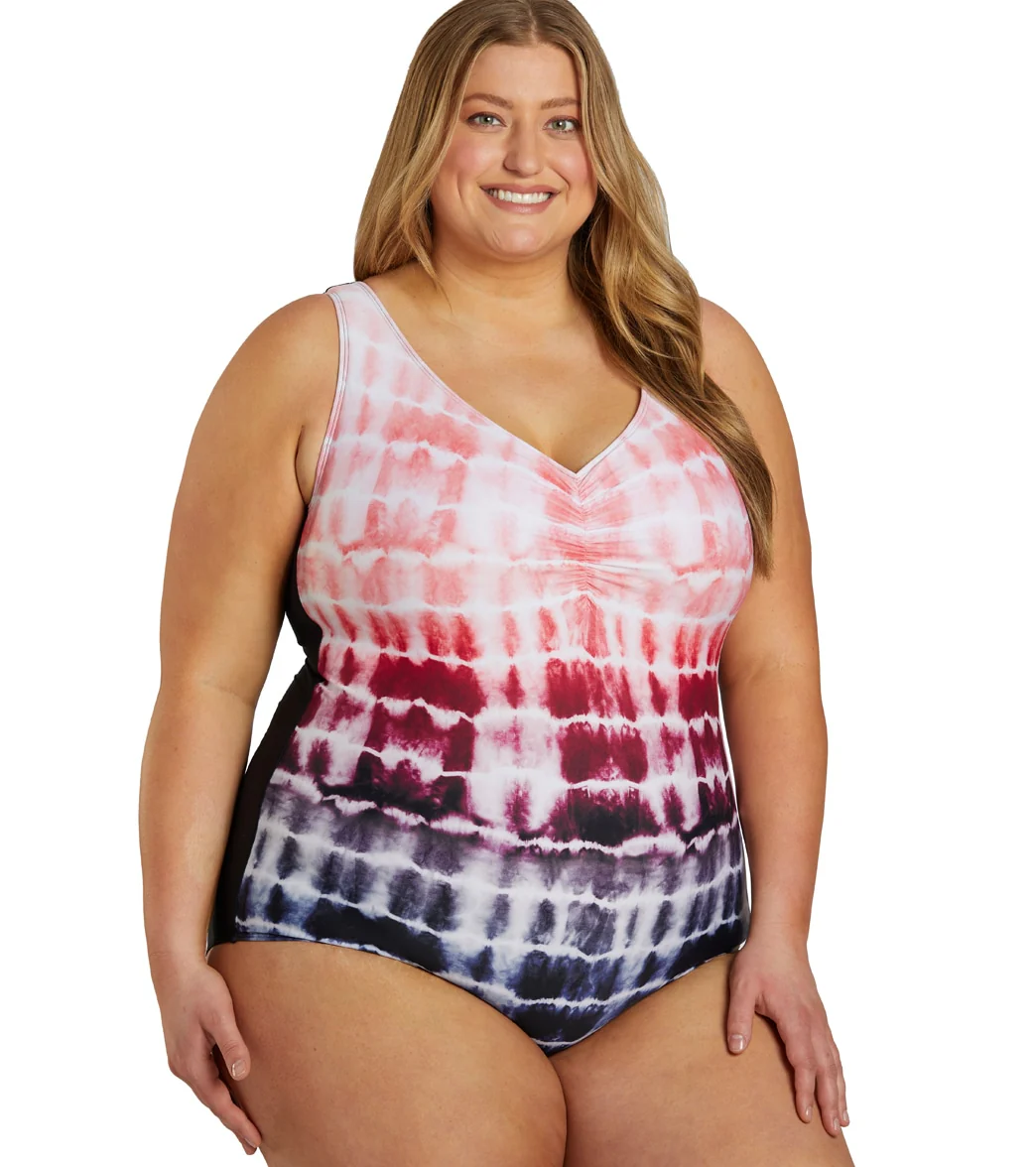 Sporti Plus Size Shibori Conservative Printed Ombre Girl Leg One Piece Swimsuit - Image 3