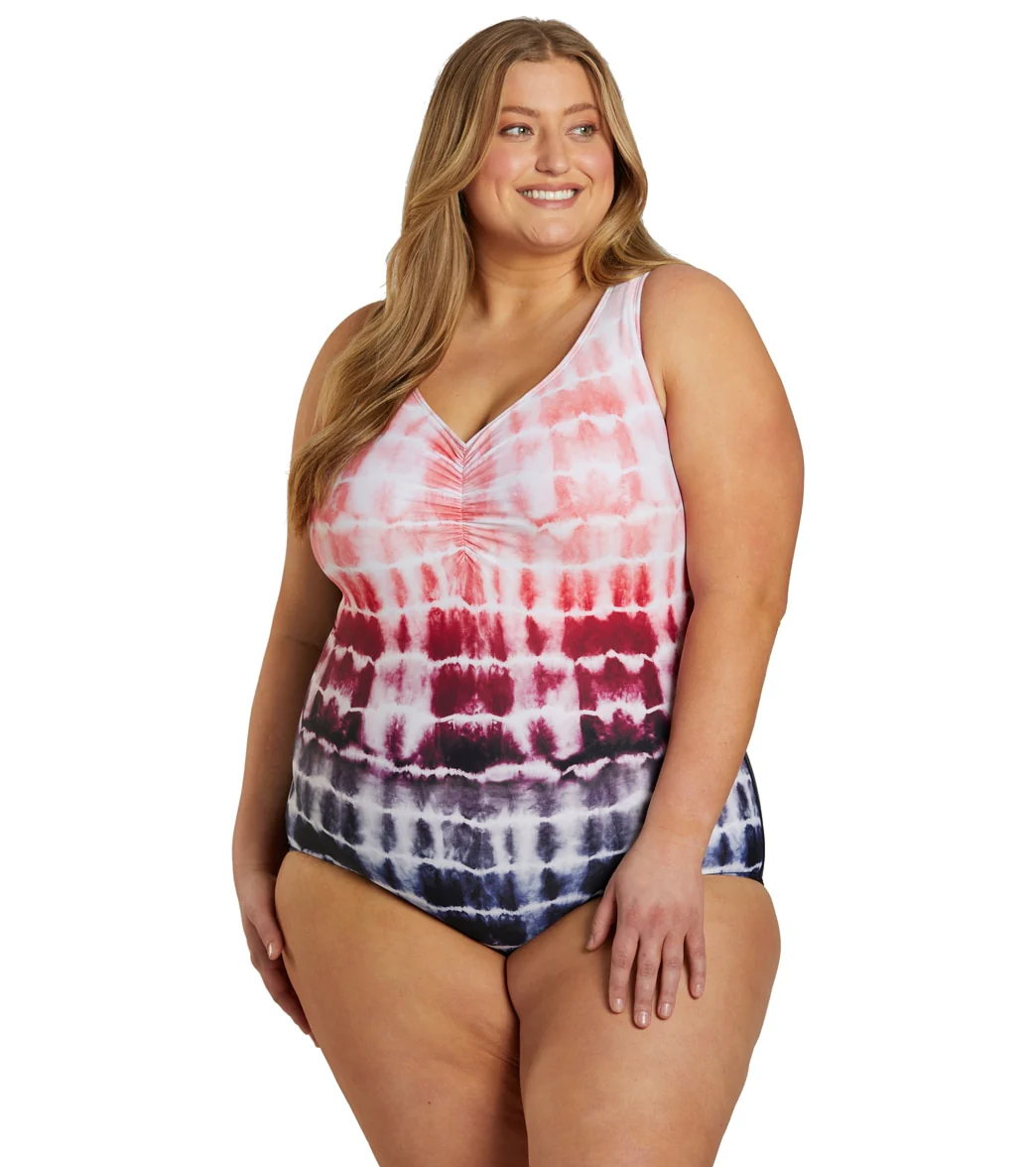 Sporti Plus Size Shibori Conservative Printed Ombre Girl Leg One Piece Swimsuit - Image 6