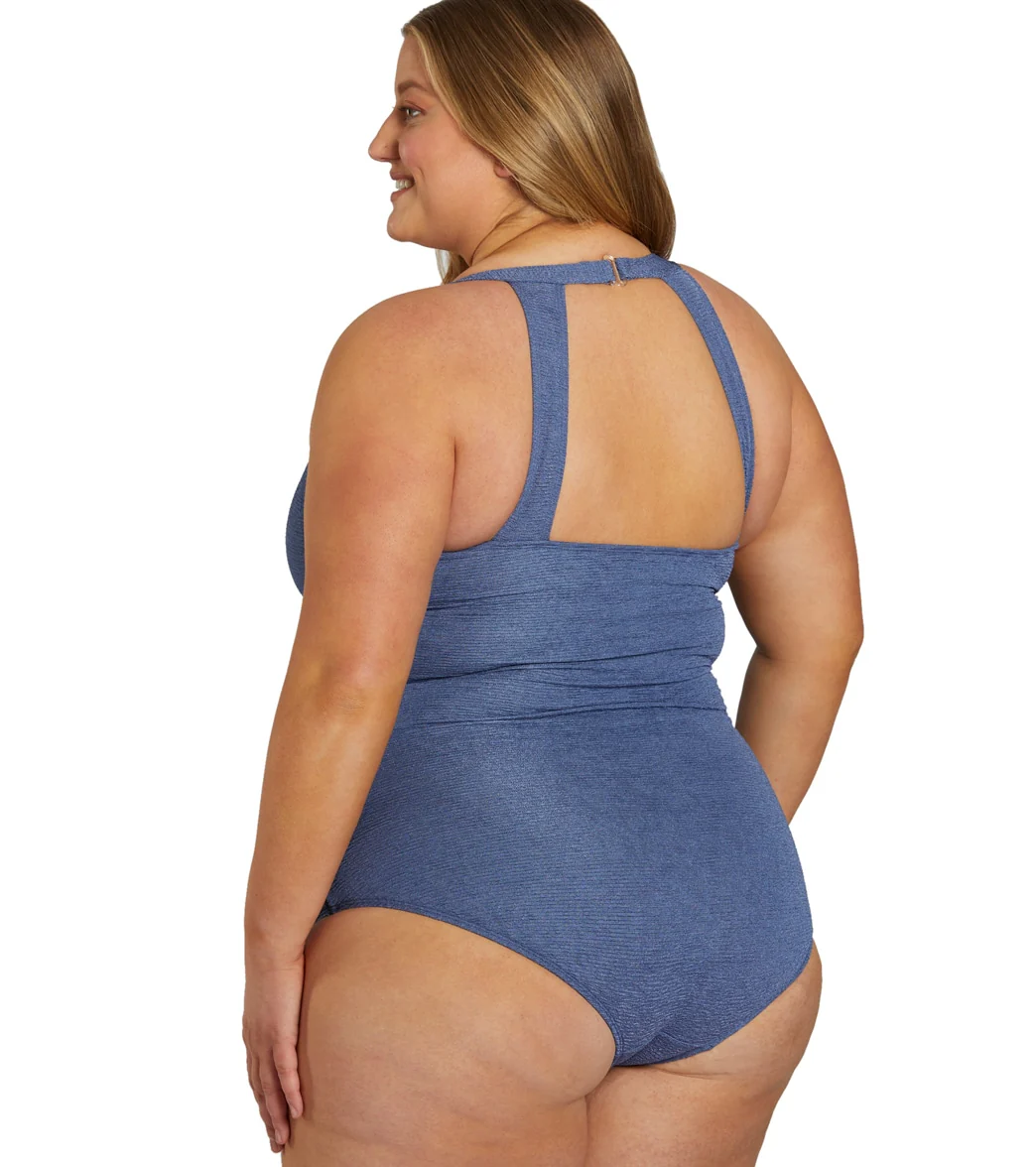 Sporti Plus Size Textured Chlorine Resistant High Neck One Piece Slimsuit - Image 12