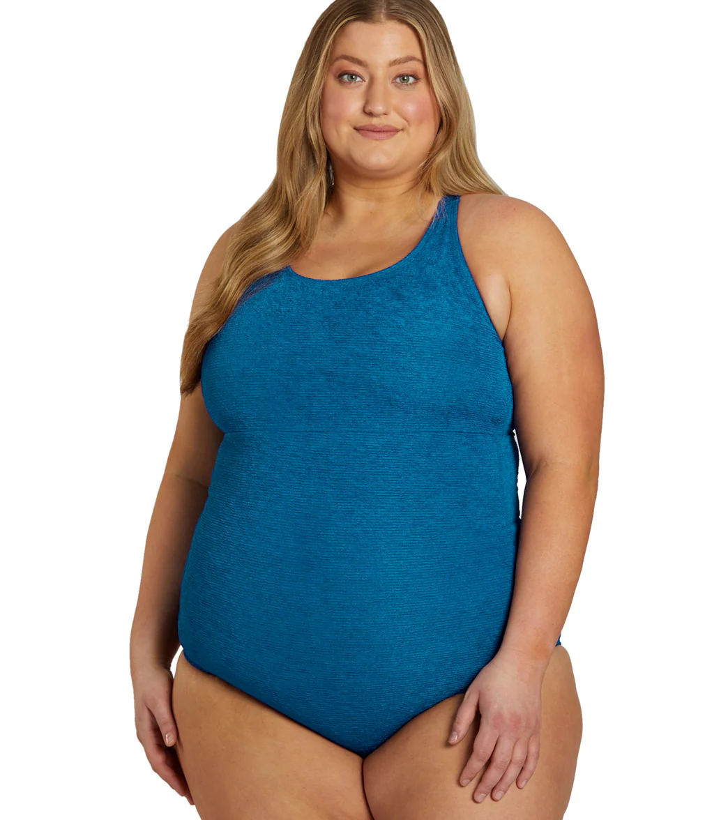 Sporti Plus Size Textured Chlorine Resistant High Neck One Piece Slimsuit - Image 30