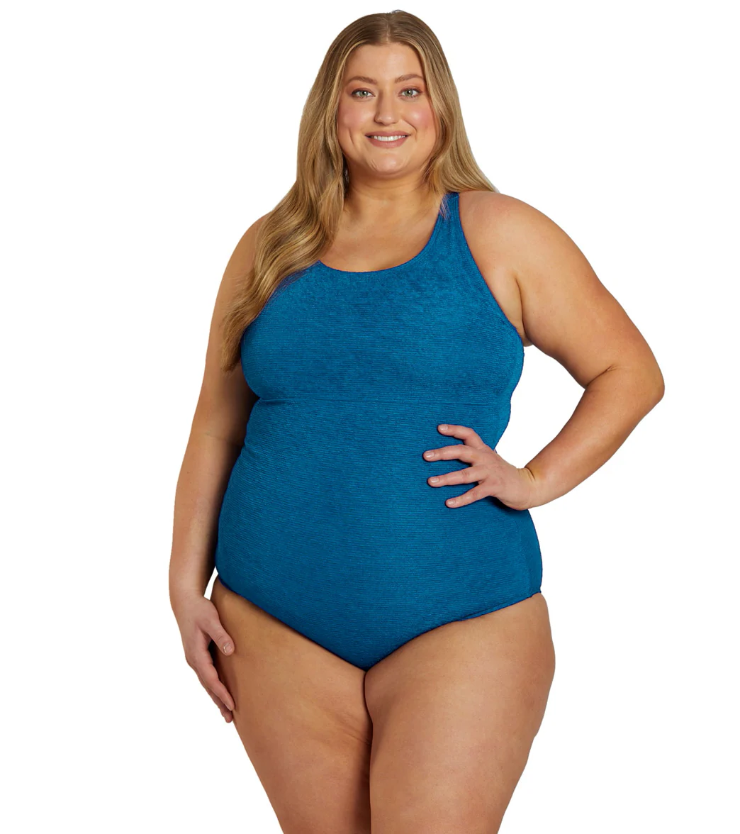 Sporti Plus Size Textured Chlorine Resistant High Neck One Piece Slimsuit - Image 35