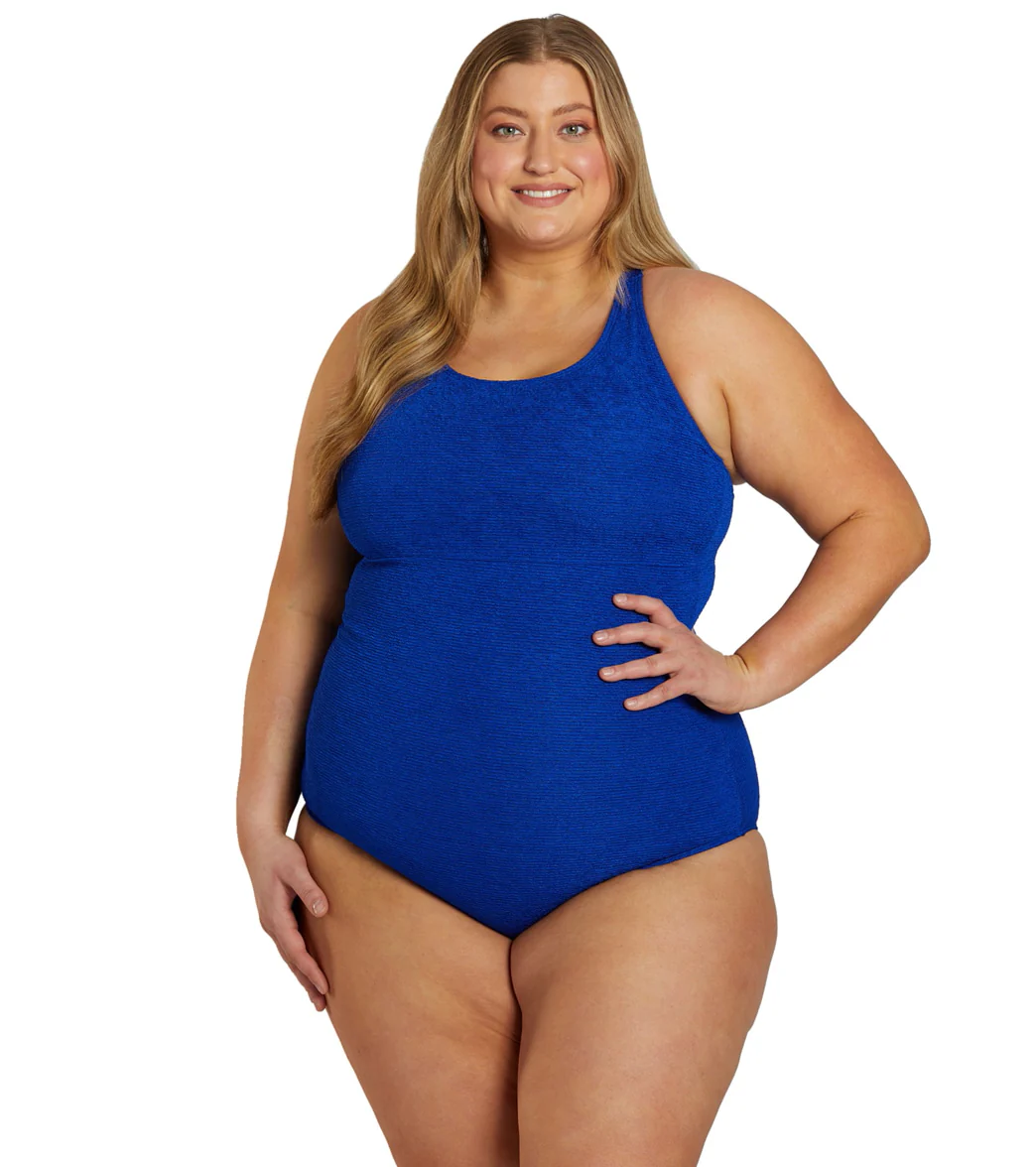 Sporti Plus Size Textured Chlorine Resistant High Neck One Piece Slimsuit - Image 42