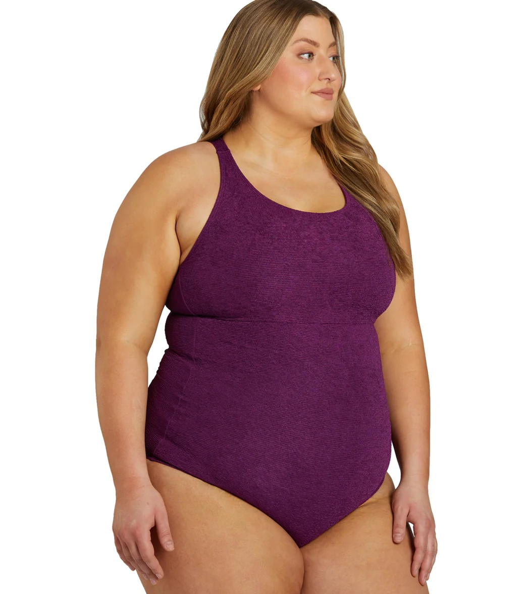 Sporti Plus Size Textured Chlorine Resistant High Neck One Piece Slimsuit - Image 46
