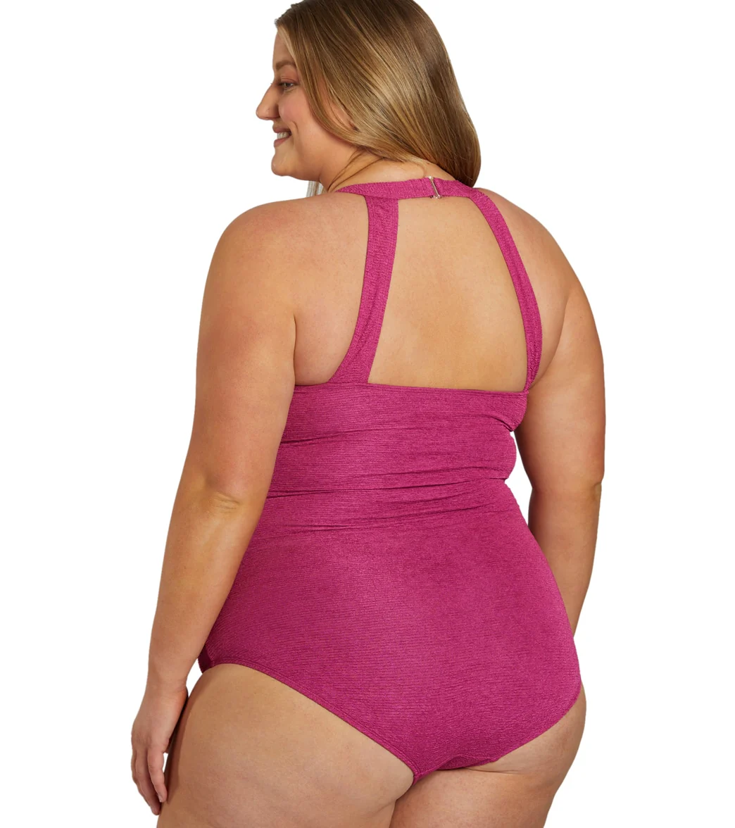 Sporti Plus Size Textured Chlorine Resistant High Neck One Piece Slimsuit - Image 5