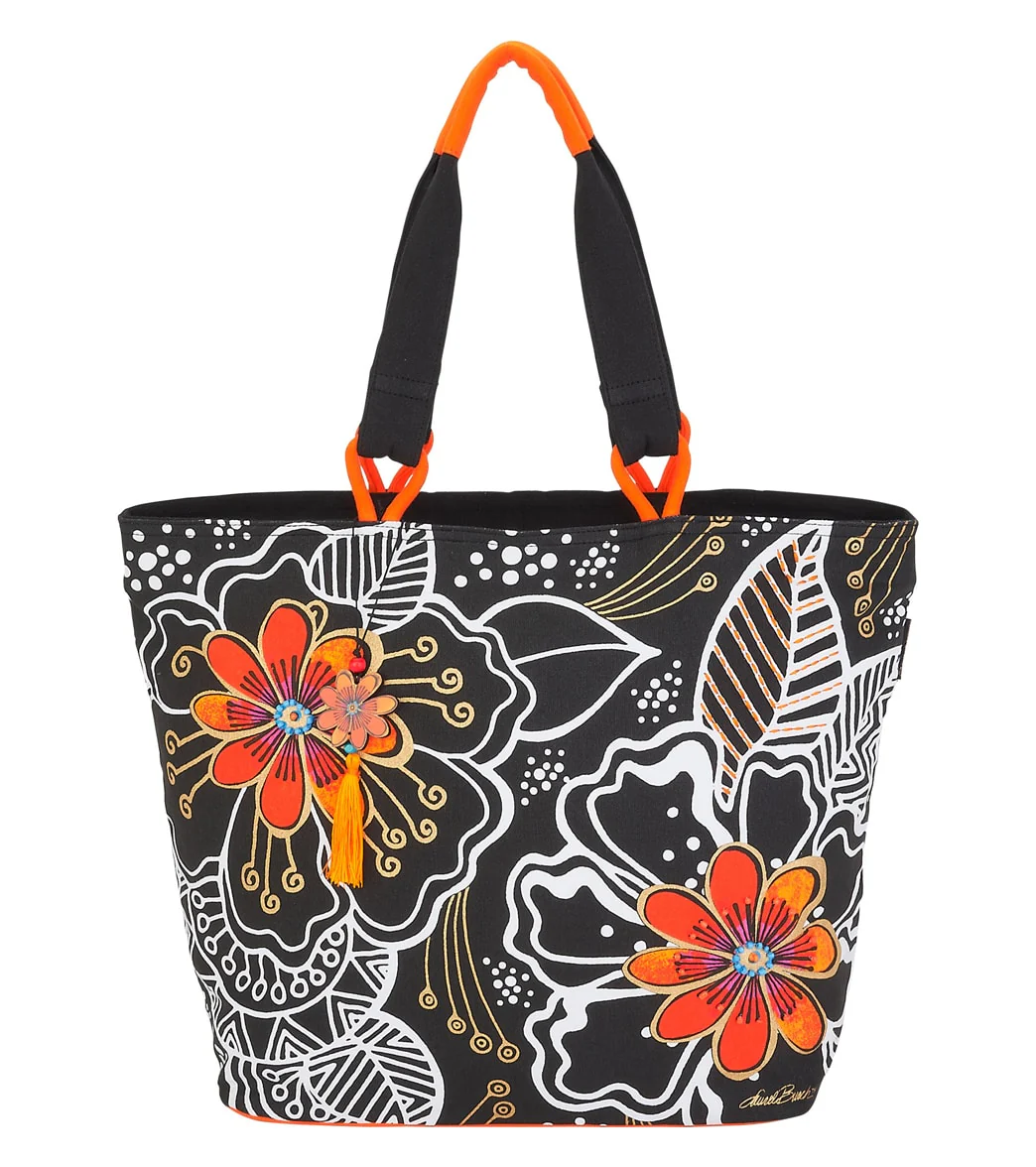 Sun N Sand Laurel Burch White on Black Floral Shoulder Tote - Image 4