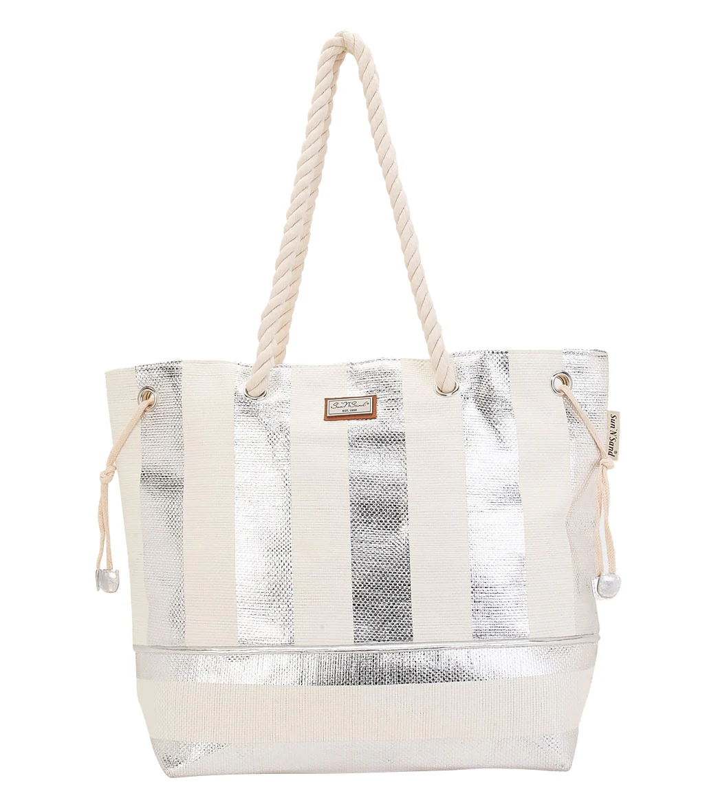 Sun N Sand Silver Metallic Striped Shoulder Tote - Image 4