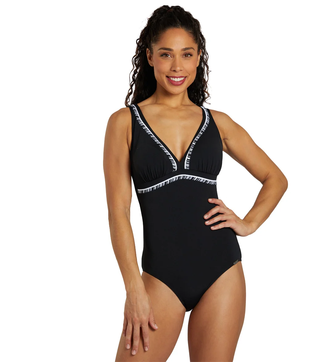 Sunmarin Women's Chlorine Proof V Neck Piped One Piece Swimsuit - Image 6