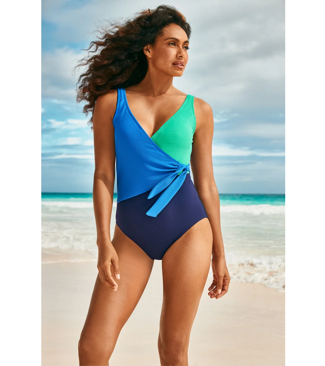 Tommy Bahama Women's Island Cays Colorblock Wrap Front One Piece Swimsuit - Image 15