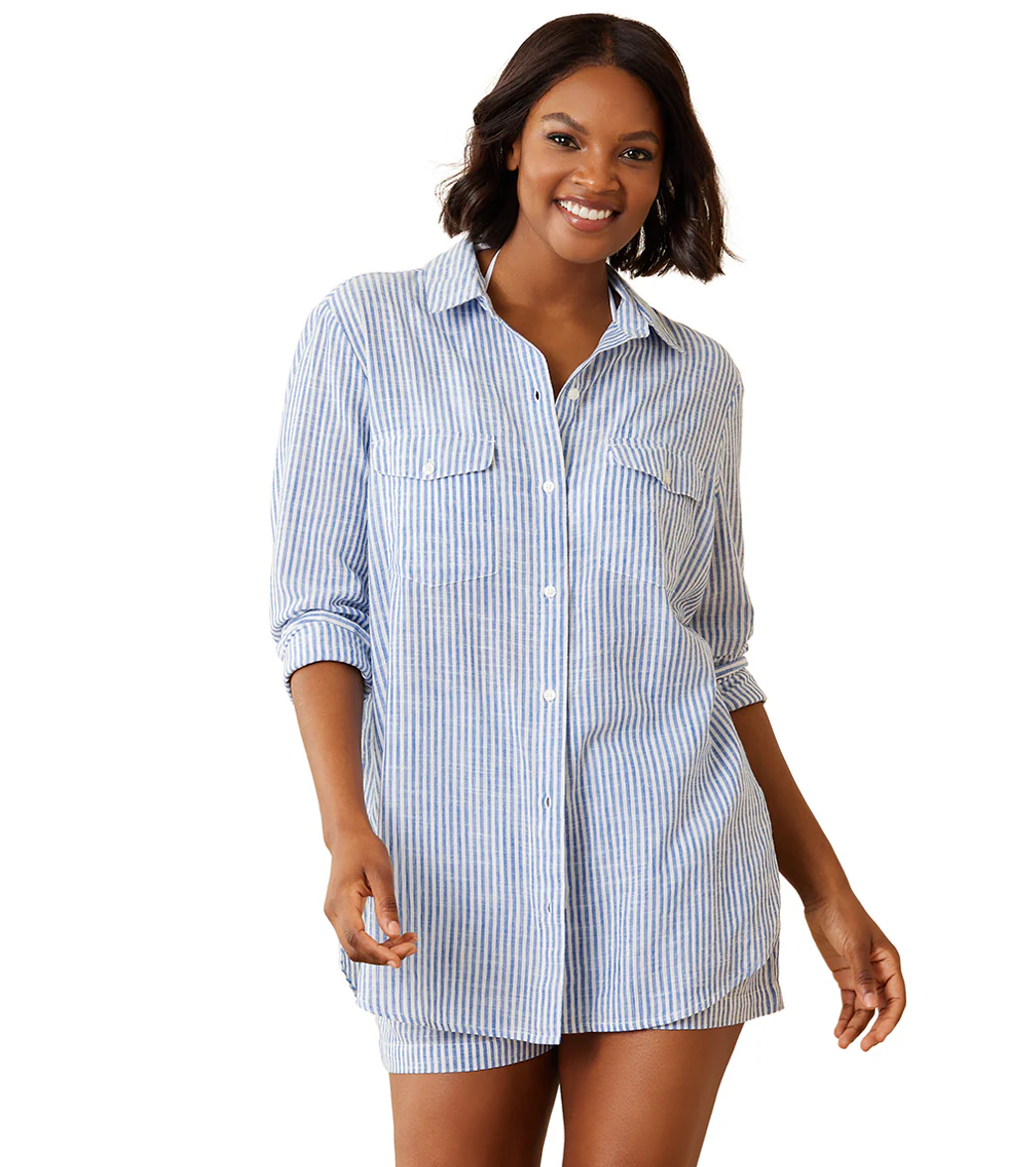 Tommy Bahama Women's Shoreline Stripe Boyfriend Shirt - Image 5