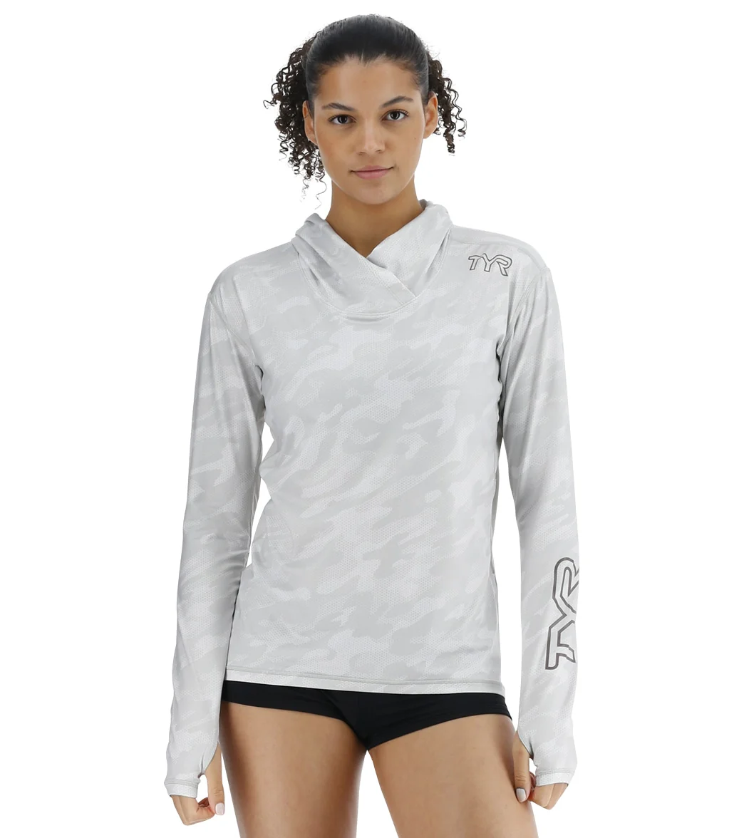 TYR Women's Camohex SunDefense Long Sleeve Hooded UPF 50+ Swim Shirt - Image 9
